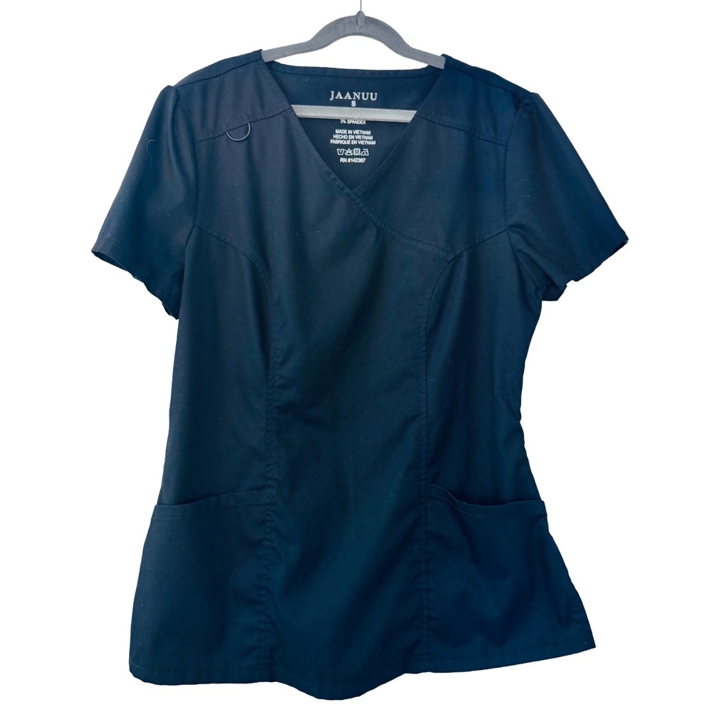 Jaanuu Women's Small Black Utility Workwear Top Stretch V-Neck Pocket Uniform